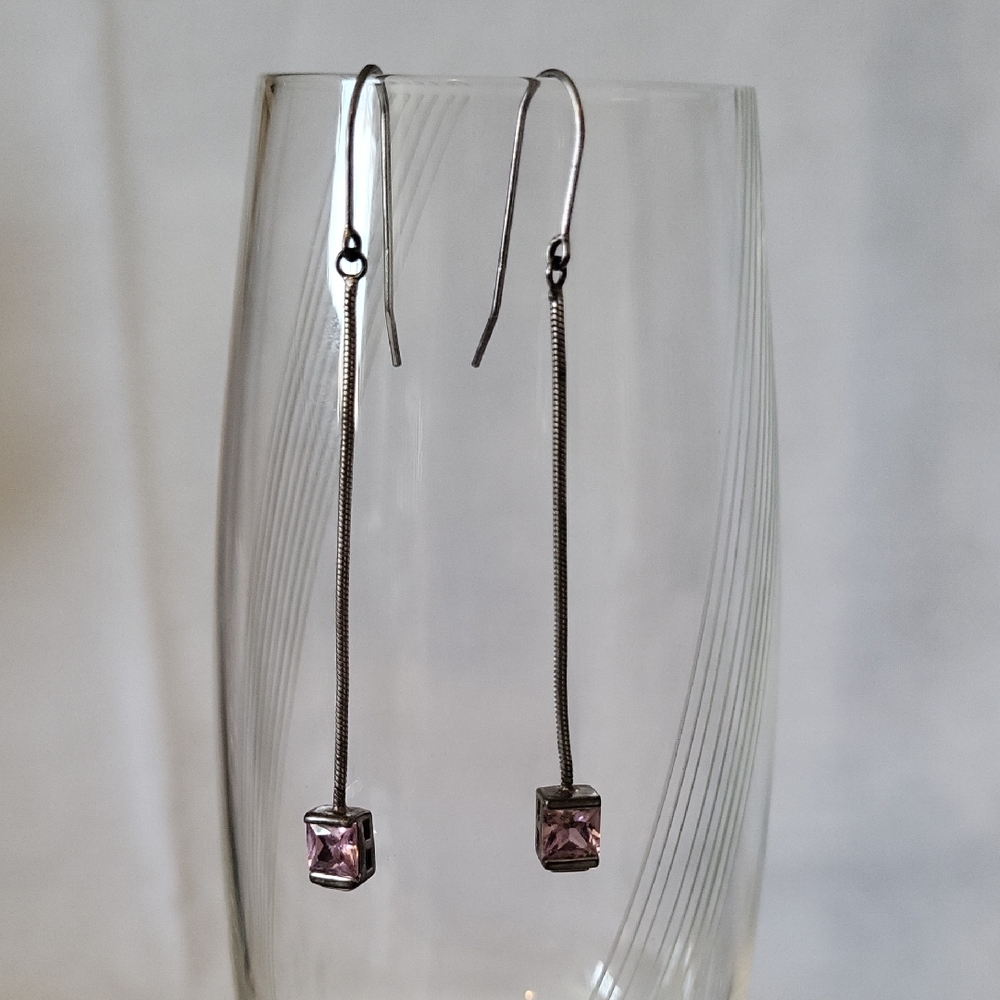 Sterling Silver Drop Earrings with Pink Diamond Handcrafted